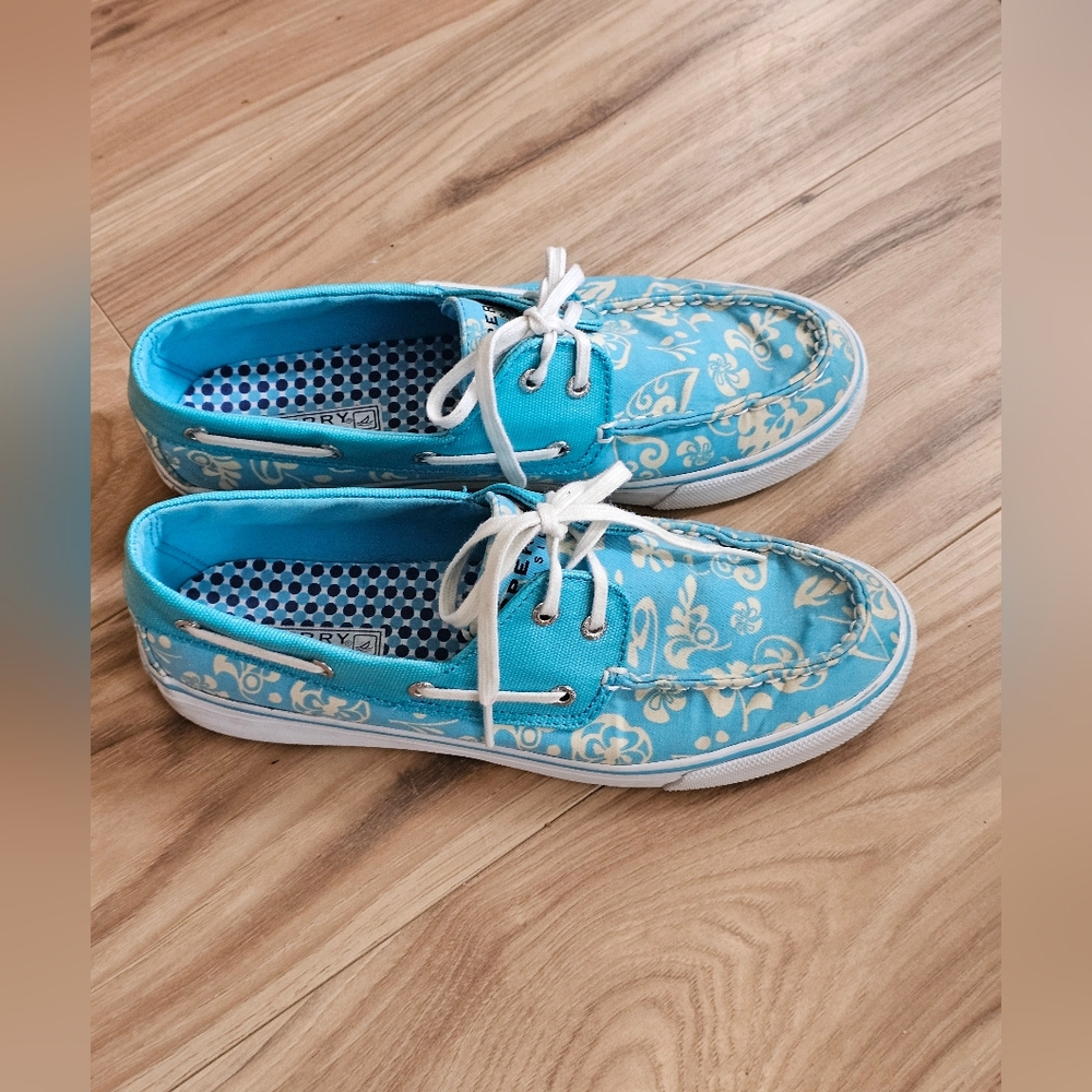 Sperry Top-Slider Floral Canvas Blue & Cream Boat Shoes  Size 8.5 - Picture 2 of 11